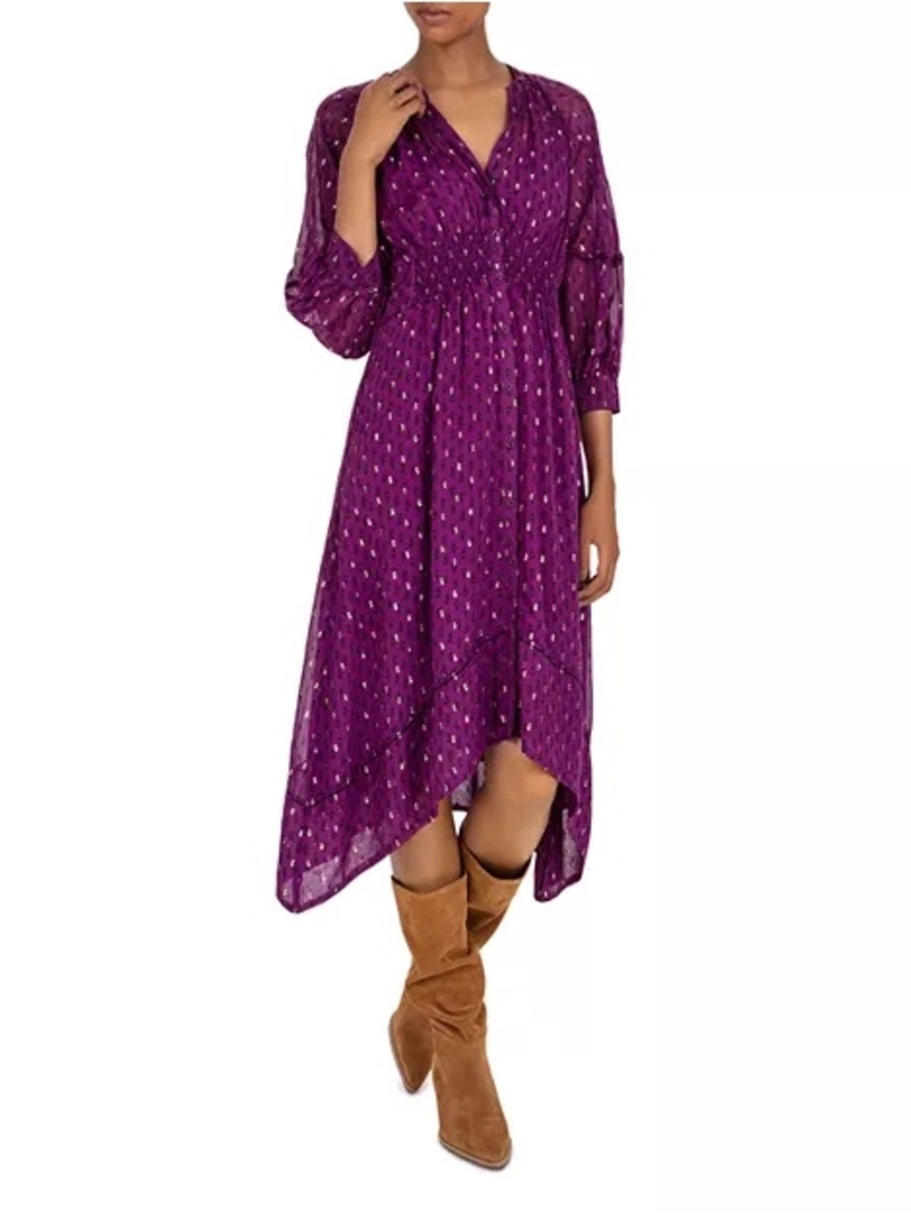 BA&SH Cyana Balloon-Sleeve Midi
Dress in Purple Size S
